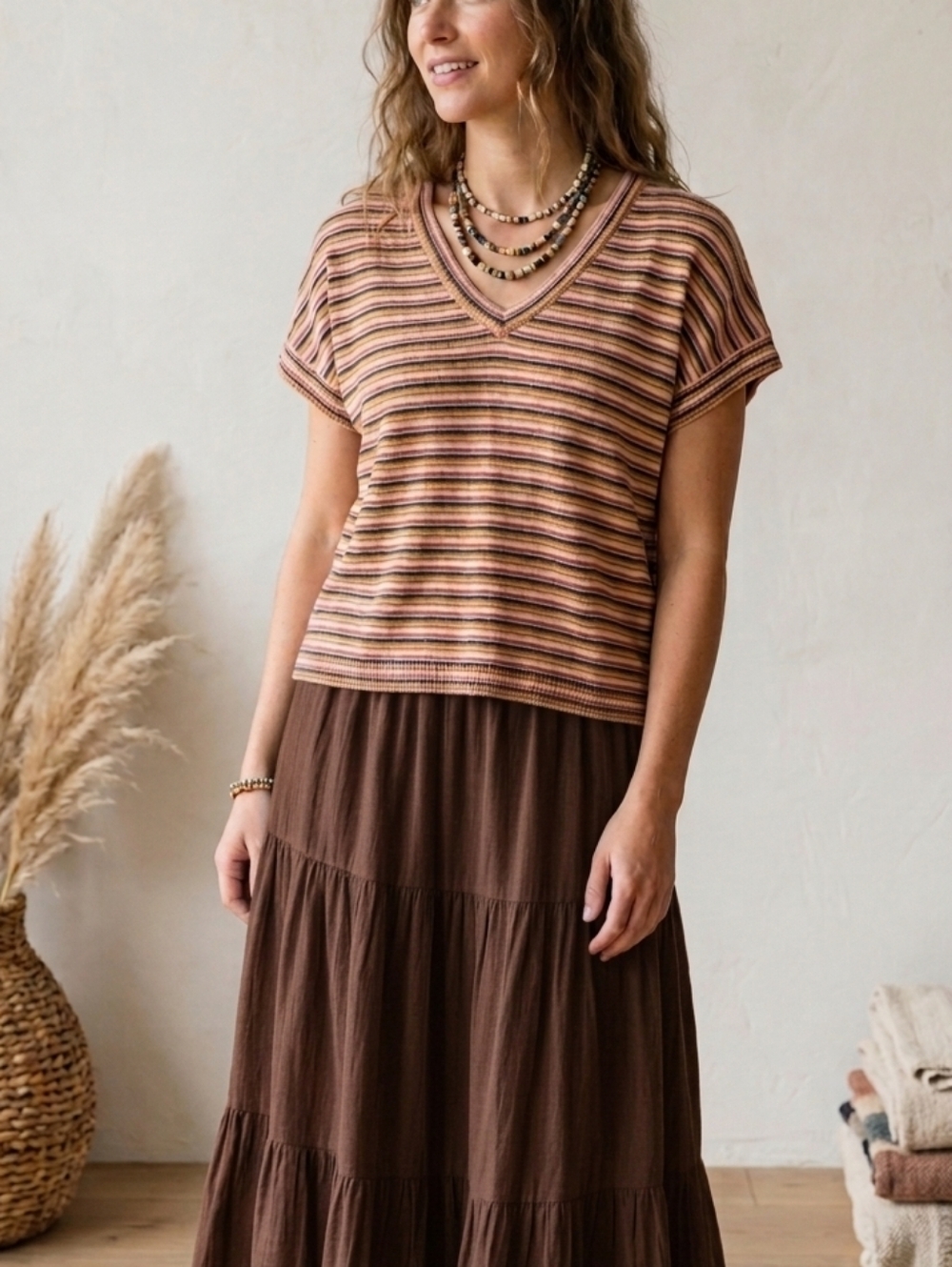 Madewell Multi Color Whisper Cotton Knit Short Sleeve Sweater Top Earth Tone